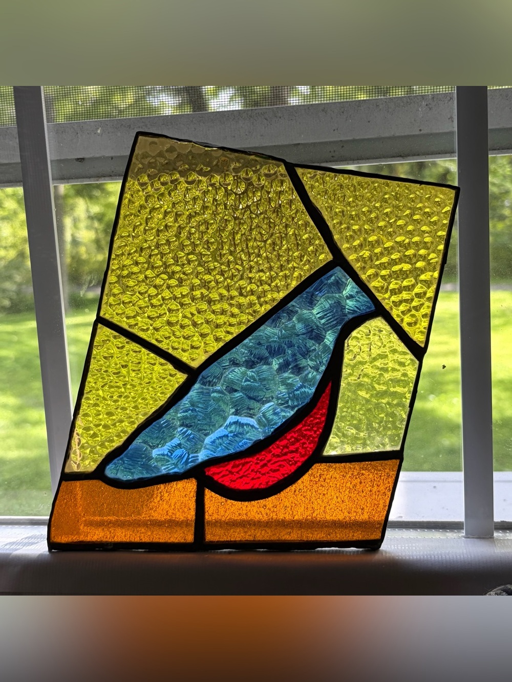 Custom Handmade Abstract Colorful, Bird stained art glass 8x7. Slanted.